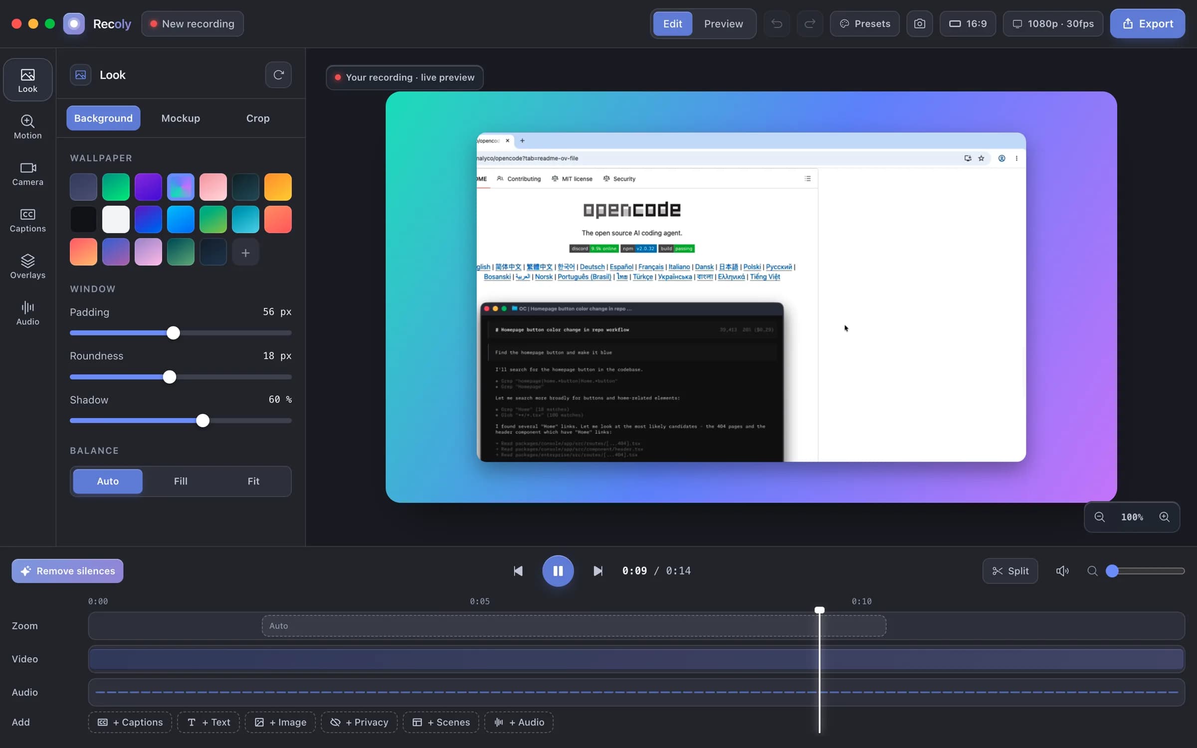 The Recoly editor with backgrounds, canvas shapes and a timeline