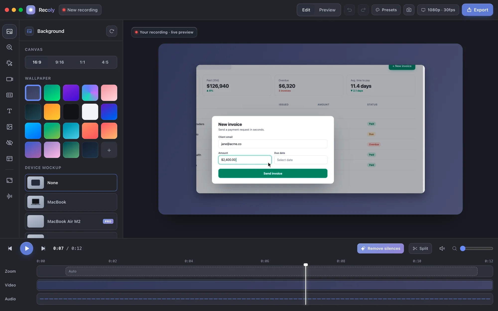 Recoly's editor with auto-zoom, backgrounds, canvas shapes and a timeline